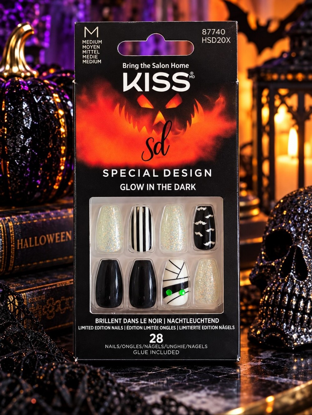 KISS Halloween Glow in the Dark Nails Medium 28ct Bats Mummy Limited Edition